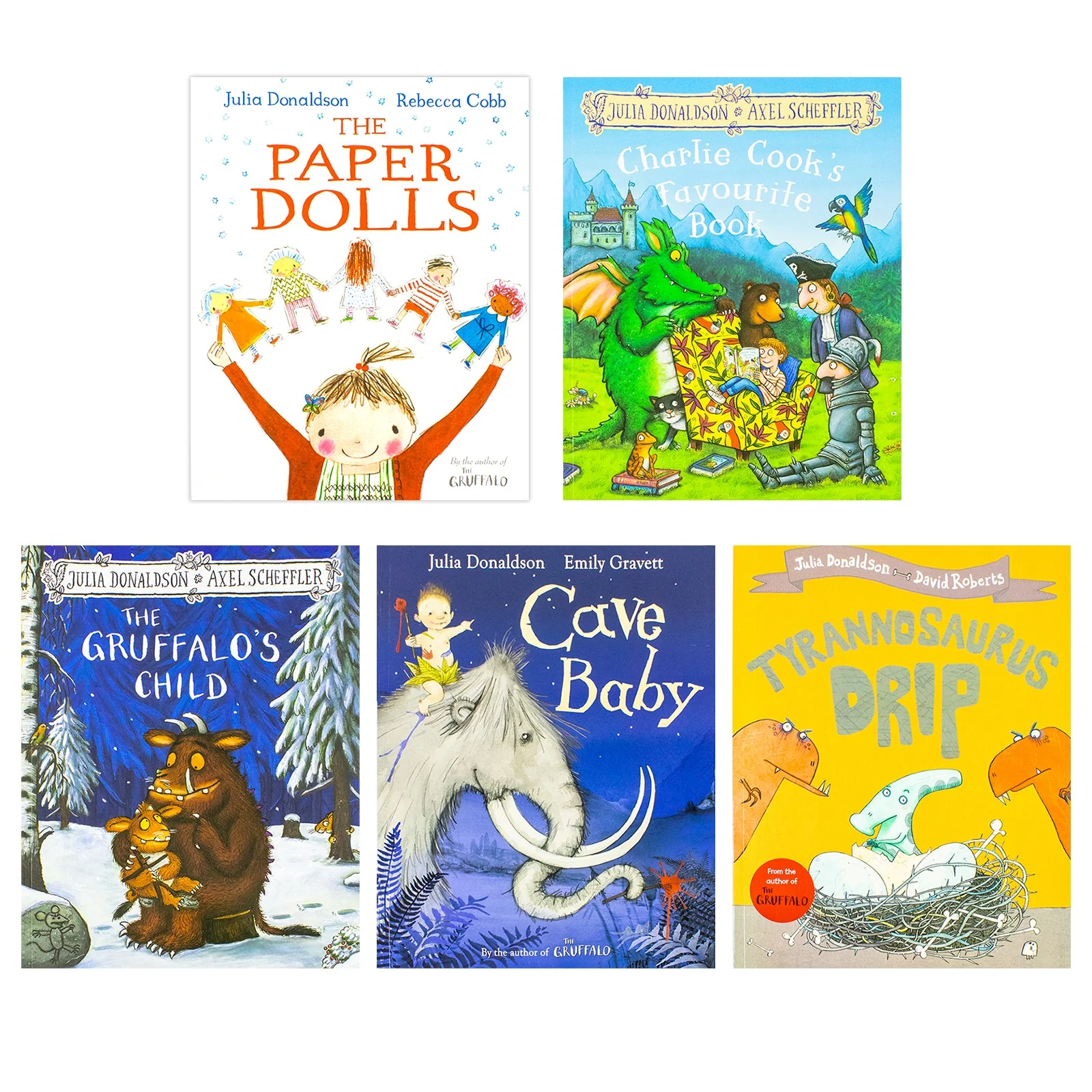 Julia Donaldson Collection 5 Books Set - The Gruffalo's Child, Charlie Cook's Favourite Book, Tyrannosaurus Drip, Cave Baby, The Paper Dolls