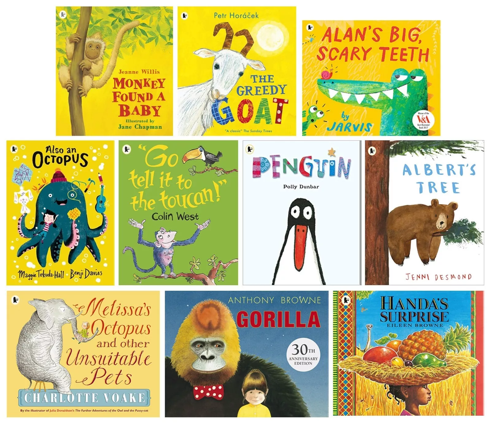 Wild About Animals 10 Childrens Picture Books Collection Set (Penguin, Monkey Found A Baby, Go Tell It To The Toucan!, Also An Octopus, Albert's Tree, The Greedy Goat, Gorilla, Handa's Surprise and 2 More) - Image 2